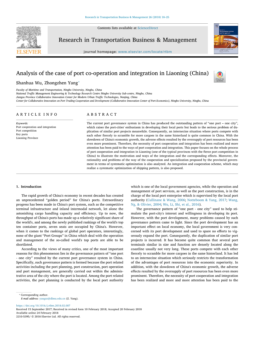 Analysis of the Case of Port Co-Operation and Integration in Liaoning (China) T ⁎ Shanhua Wu, Zhongzhen Yang