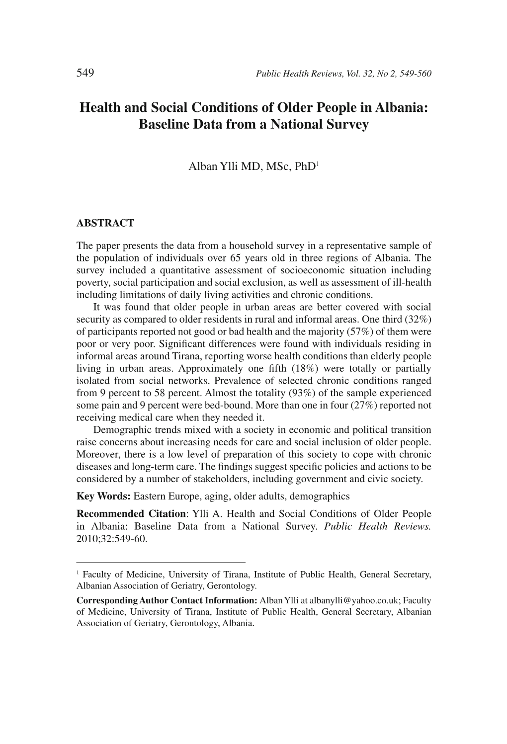 Health and Social Conditions of Older People in Albania: Baseline Data from a National Survey