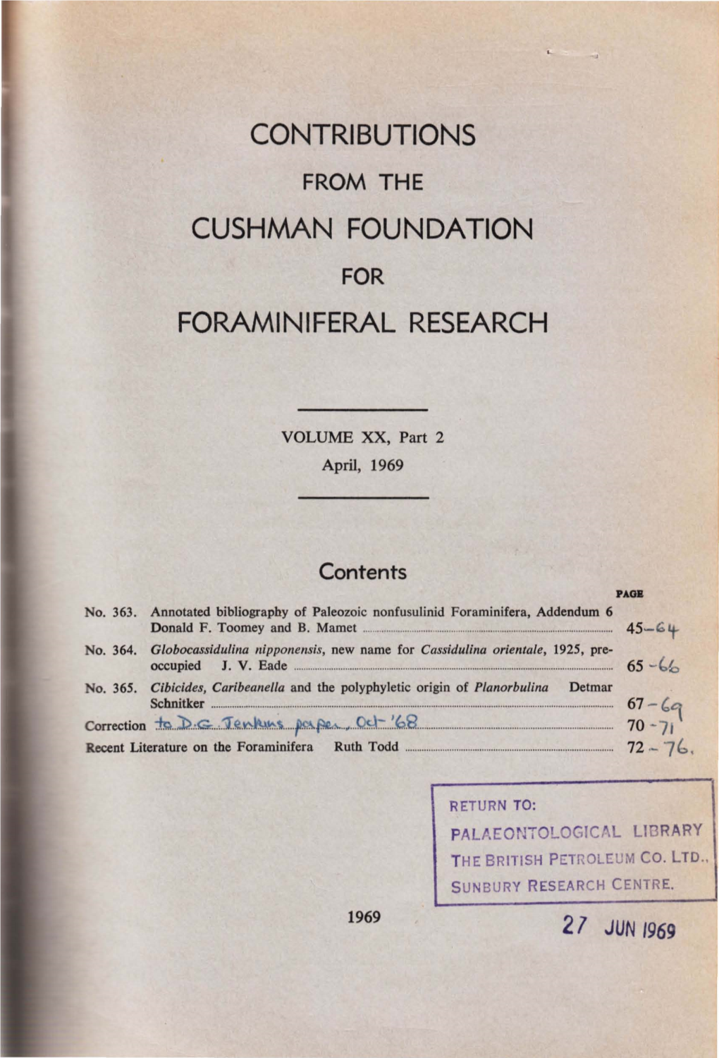 Contributions Cushman Foundation Foraminiferal