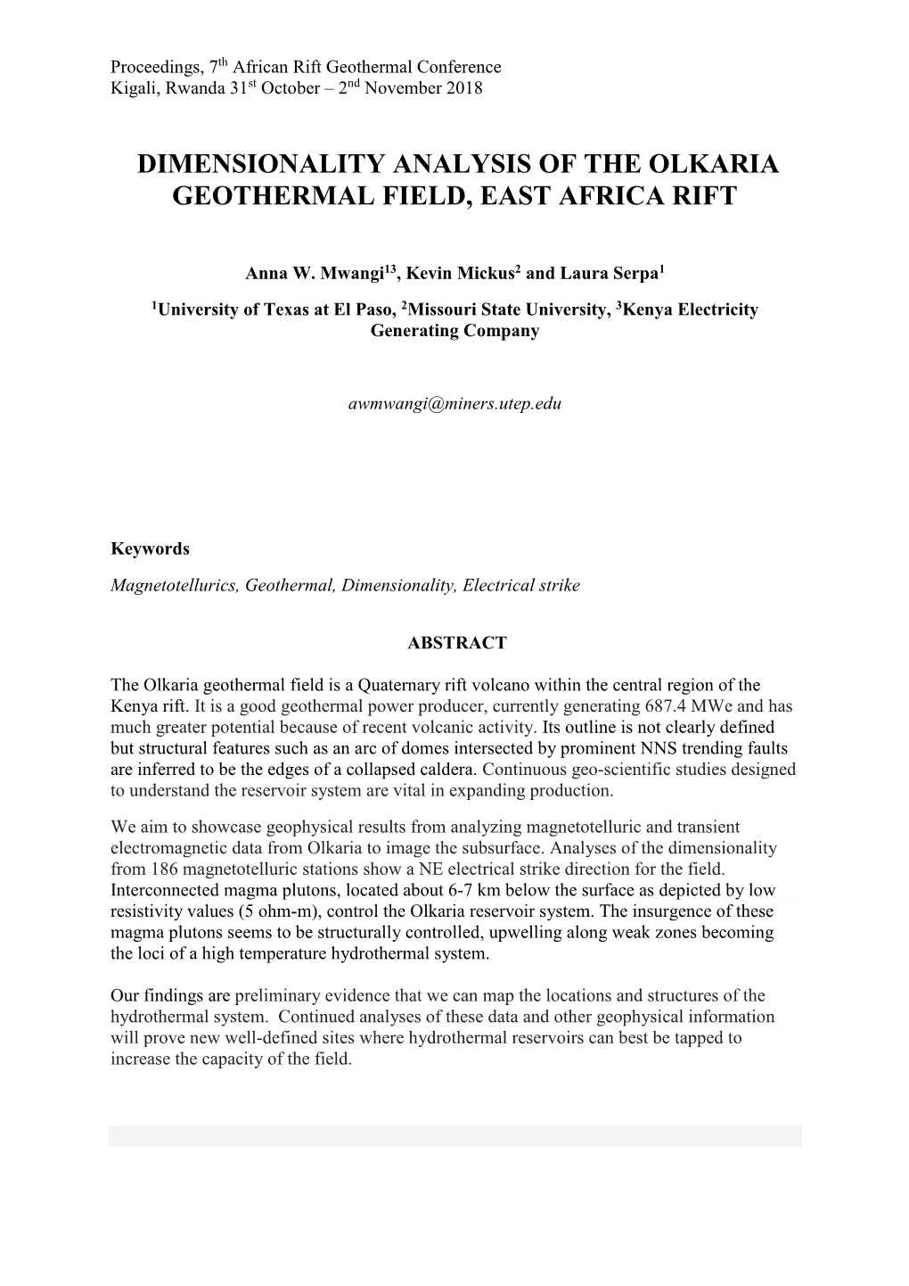 Dimensionality Analysis of the Olkaria Geothermal Field, East Africa Rift