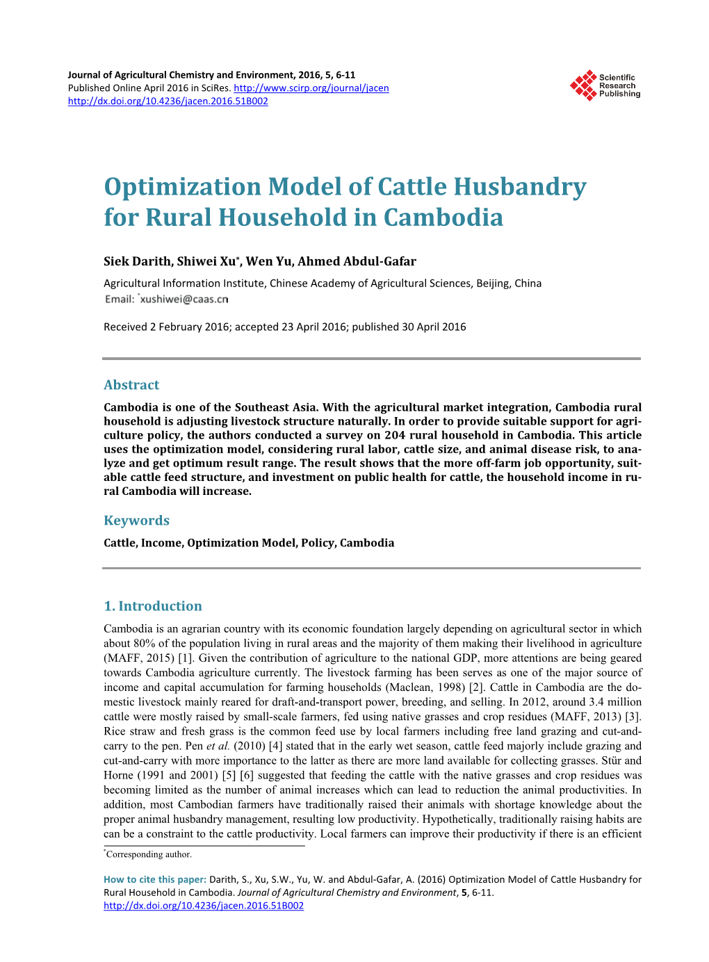 Optimization Model of Cattle Husbandry for Rural Household in Cambodia