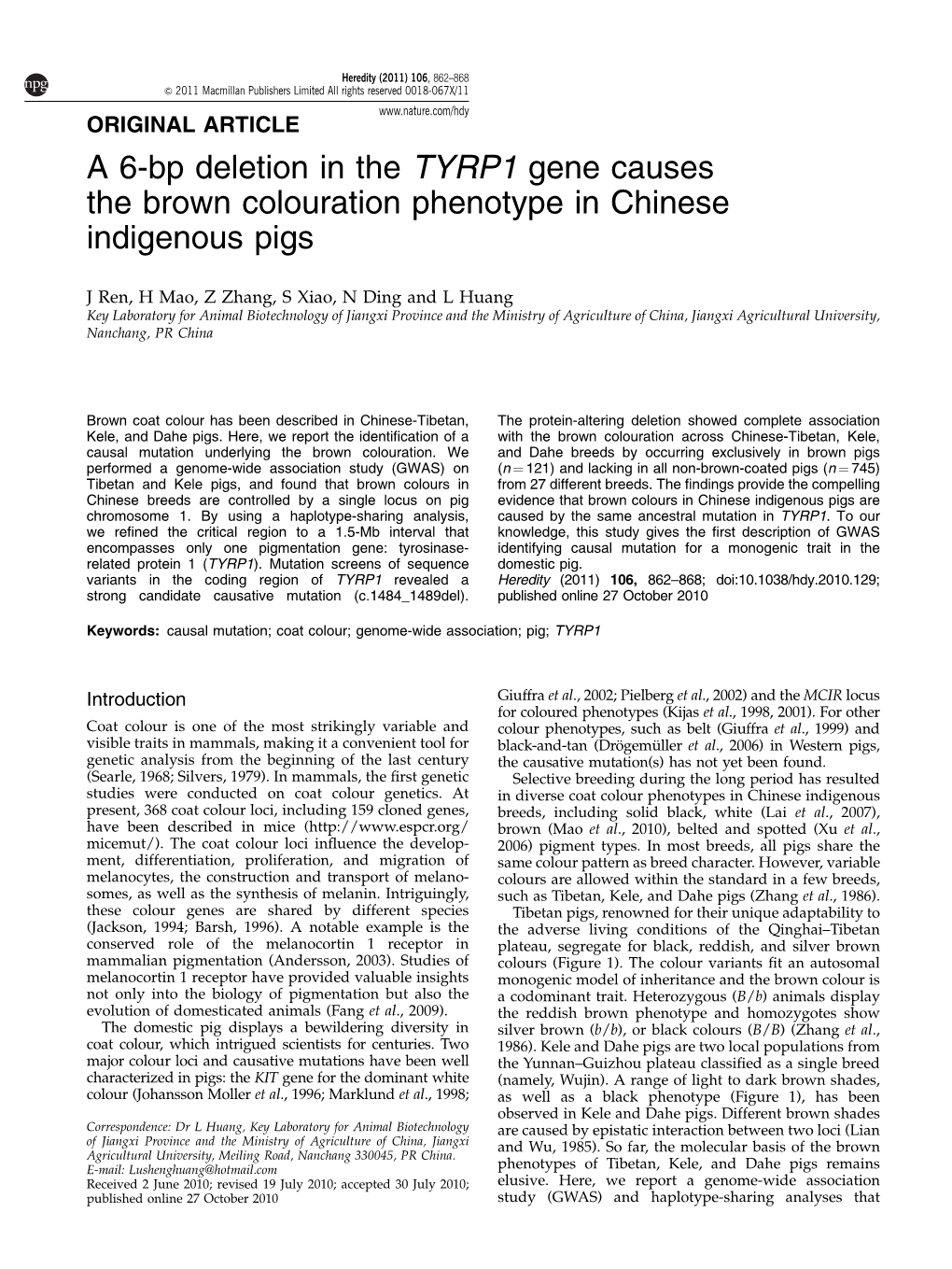 A 6-Bp Deletion in the TYRP1 Gene Causes the Brown Colouration Phenotype in Chinese Indigenous Pigs