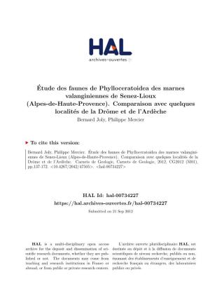 Étude Des Faunes De Phylloceratoidea Des Marnes Valanginiennes De Senez-Lioux (Alpes-De-Haute-Provence)