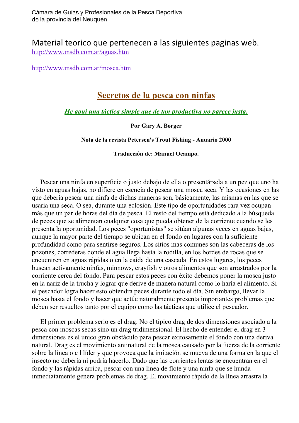 Material Teorico Que Pertenecen a Las Siguientes Paginas Web. Secretos De La Pesca Con Ninfas