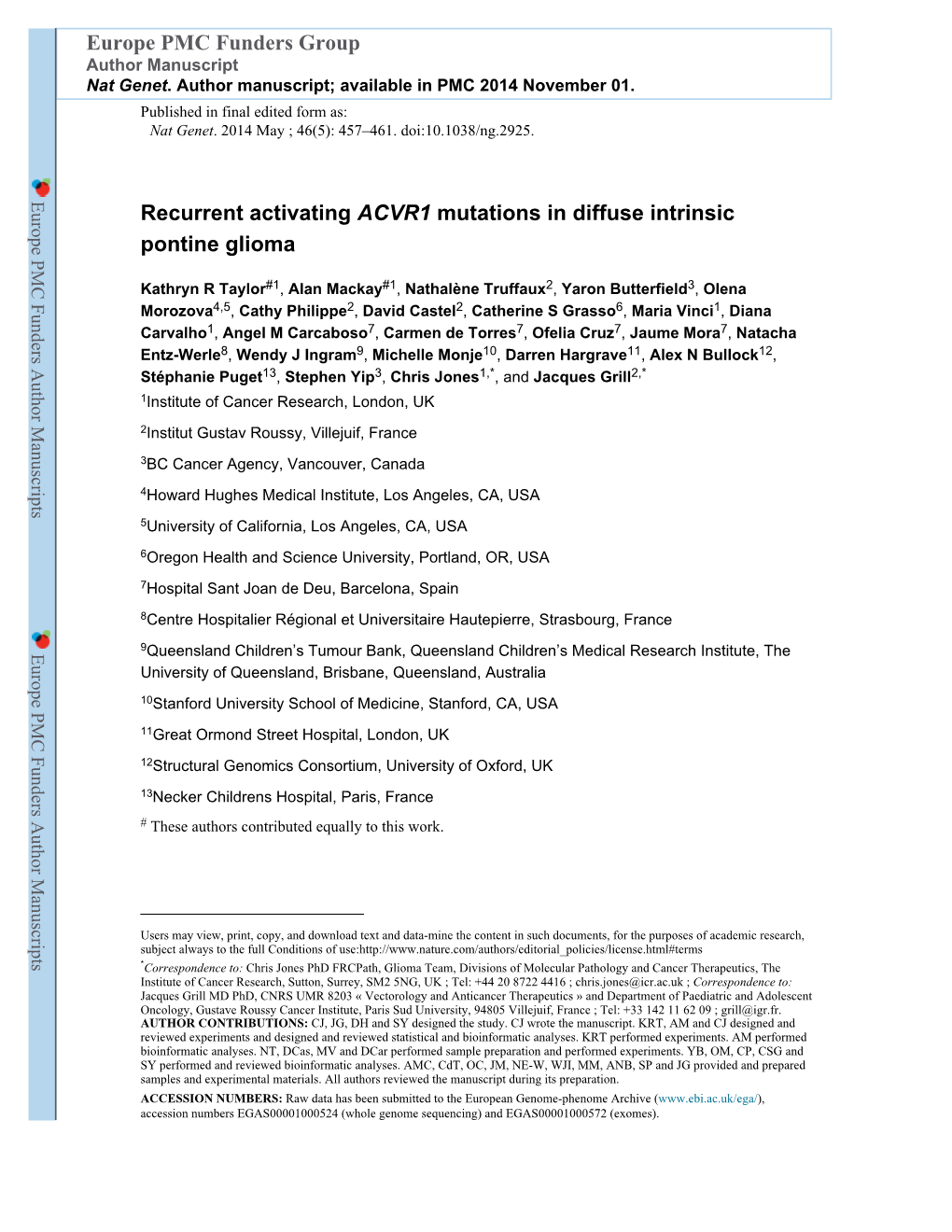 Recurrent Activating ACVR1 Mutations in Diffuse Intrinsic Pontine Glioma