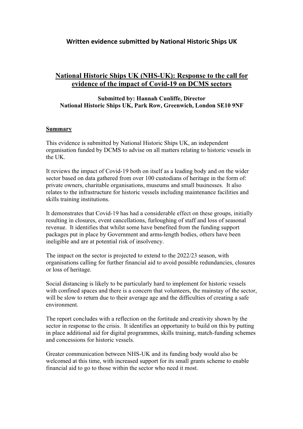 NHS-UK): Response to the Call for Evidence of the Impact of Covid-19 on DCMS Sectors