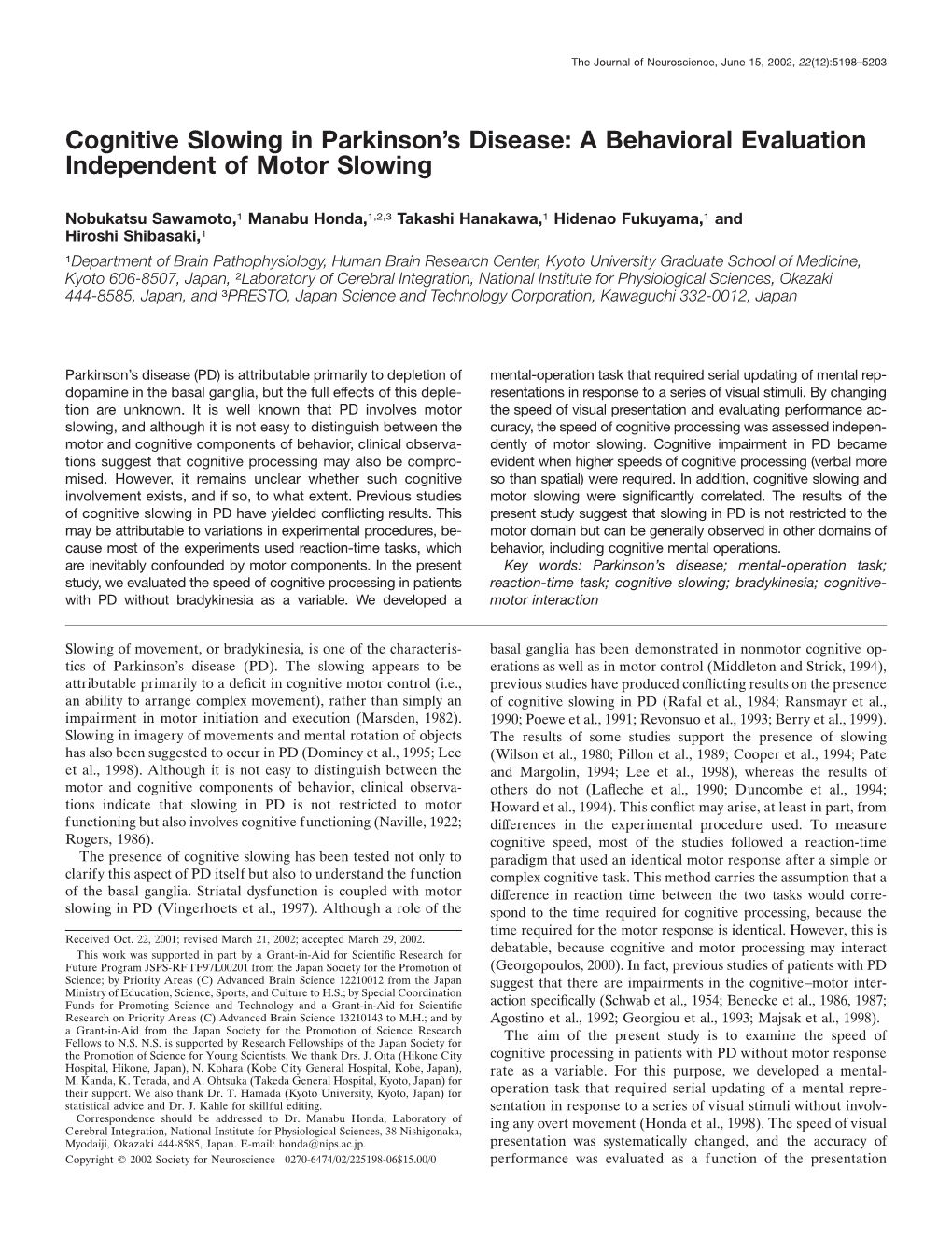 Cognitive Slowing in Parkinson's Disease