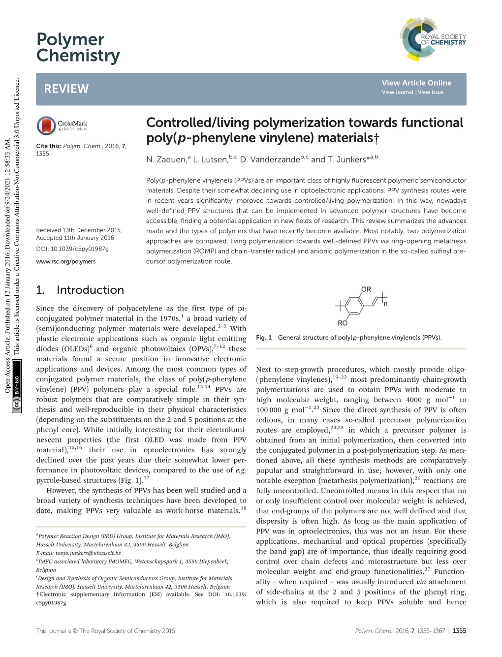 Controlled/Living Polymerization Towards Functional Poly(P-Phenylene Vinylene) Materials† Cite This: Polym