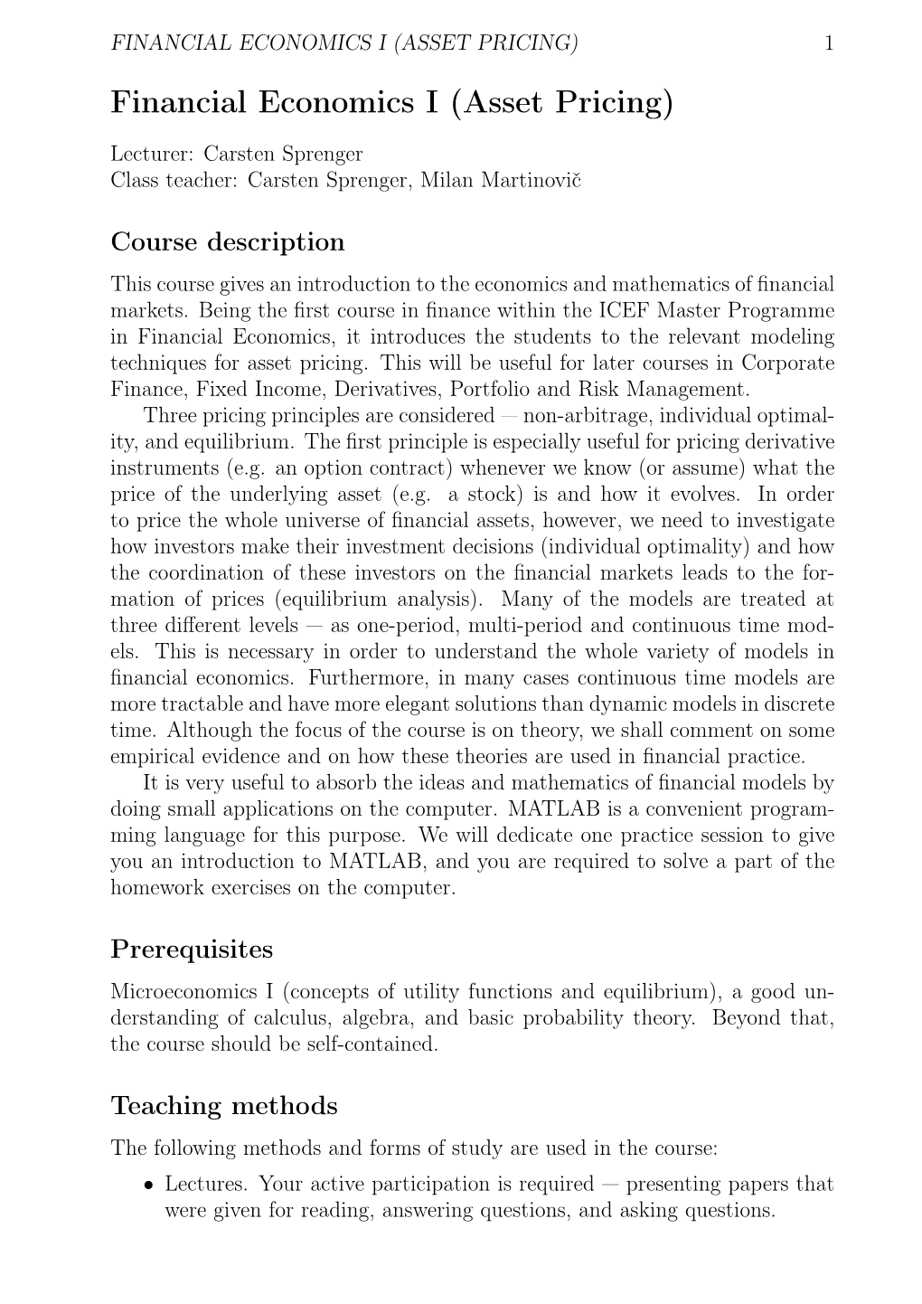 ASSET PRICING) 1 Financial Economics I (Asset Pricing)