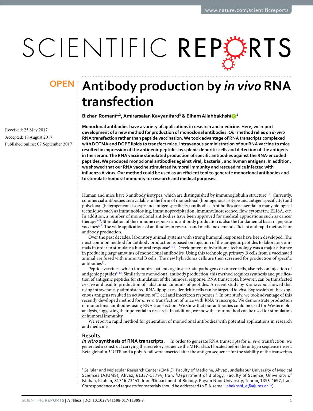 Antibody Production by in Vivo RNA Transfection Bizhan Romani1,2, Amirarsalan Kavyanifard3 & Elham Allahbakhshi 1