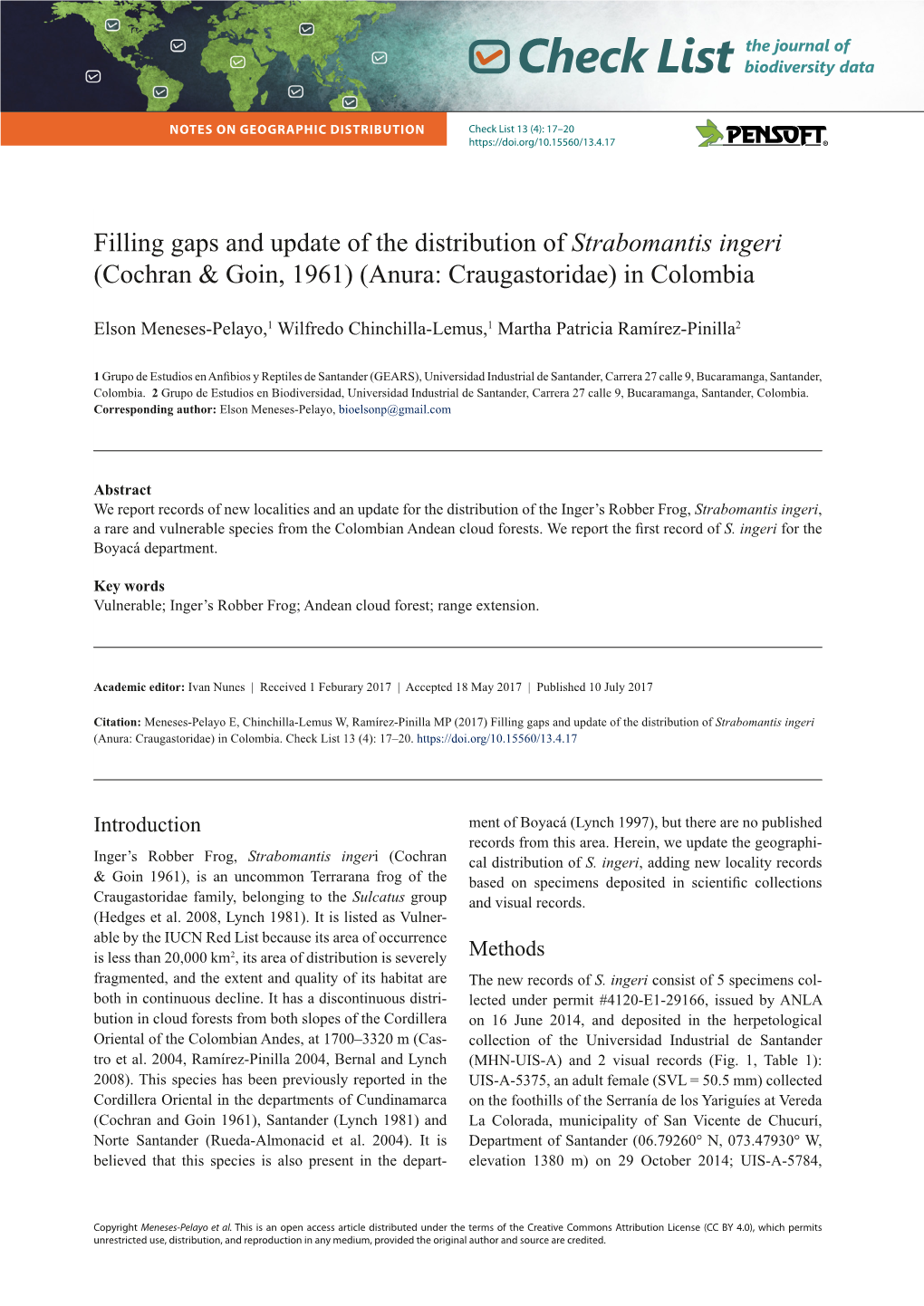 Filling Gaps and Update of the Distribution of Strabomantis Ingeri (Cochran & Goin, 1961) (Anura: Craugastoridae) in Colombi