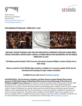 Violin Concerto, Seven Early Songs, & Three Pieces for Orchestra on Sfs Media February 26, 2021