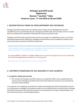 Patinage Laval (CPA Laval) Règlements Bourses * Lauréats * Solos Année En Cours : 1Er Mai 2019 Au 30 Avril 2020