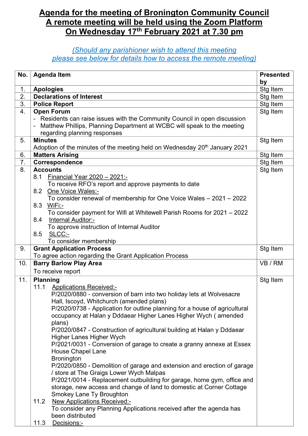 Agenda for the Meeting of Bronington Community Council a Remote Meeting Will Be Held Using the Zoom Platform on Wednesday 17Th February 2021 at 7.30 Pm