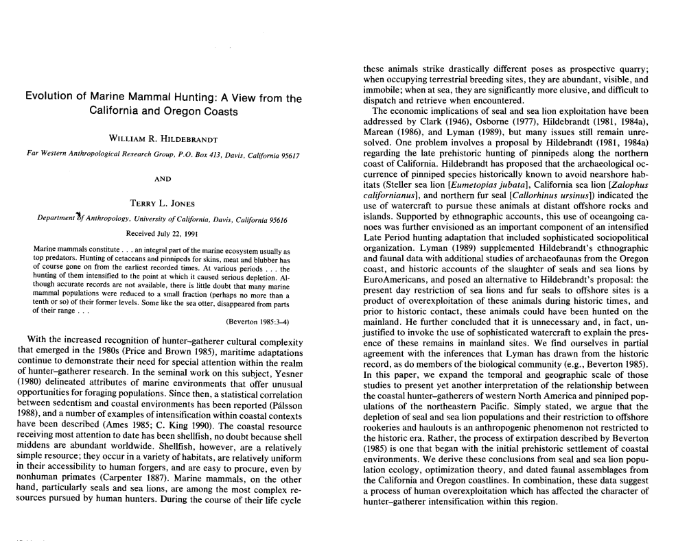 Evolution of Marine Mammal Hunting: a View from the California and Oregon Coasts