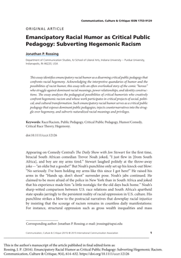 Emancipatory Racial Humor As Critical Public Pedagogy: Subverting Hegemonic Racism