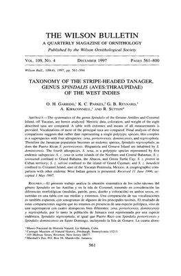 Taxonomy of the Stripe-Headed Tanager, Genus Spindalis (Aves:Thraupidae) of the West Indies