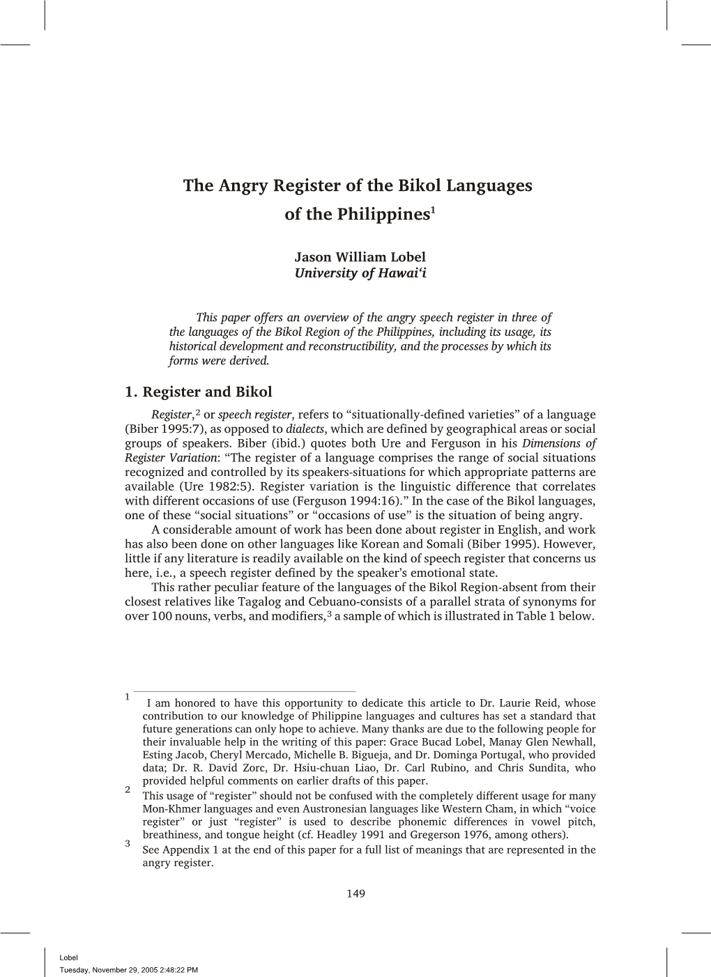 The Angry Register of the Bikol Languages of the Philippines1