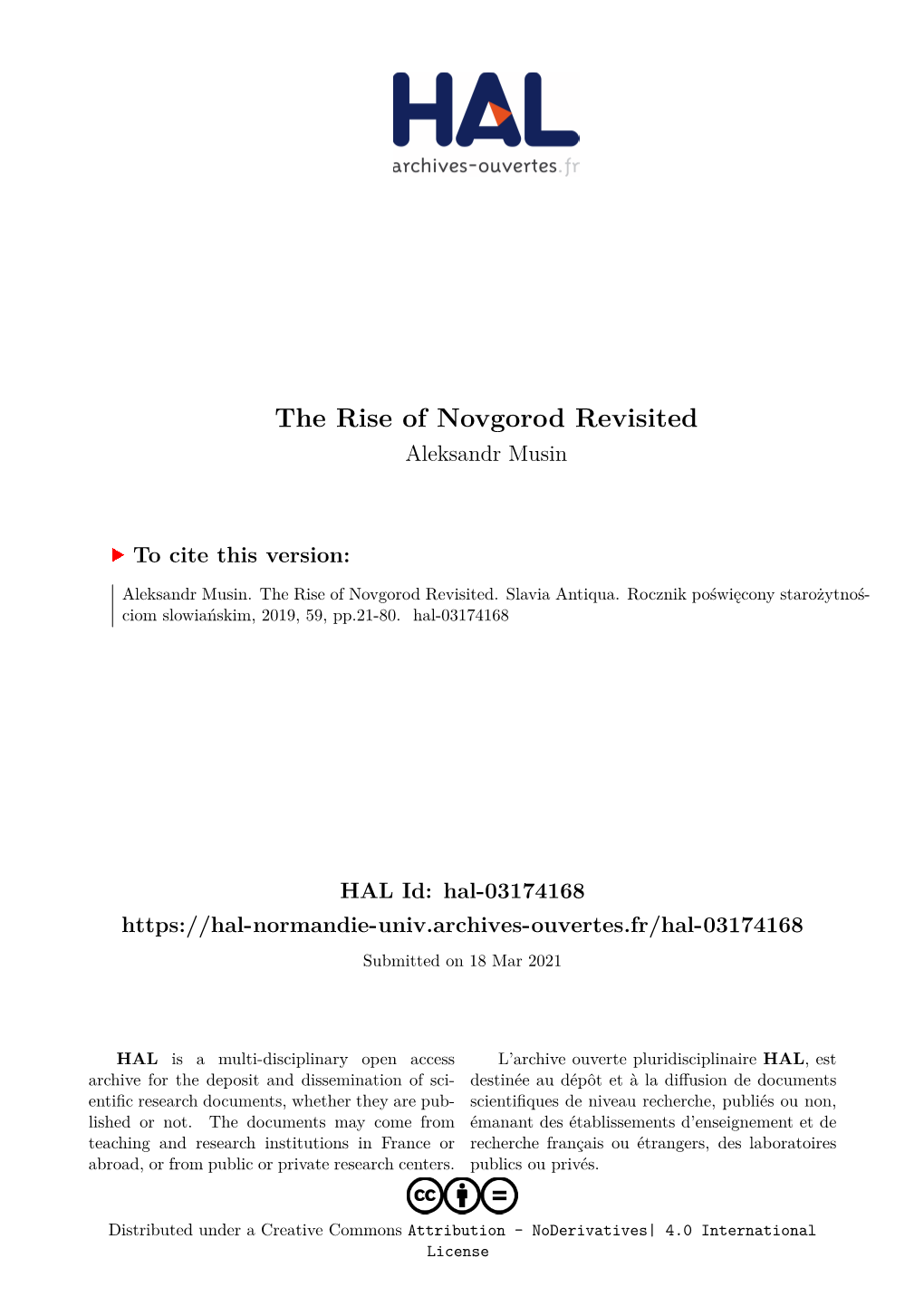 The Rise of Novgorod Revisited Aleksandr Musin