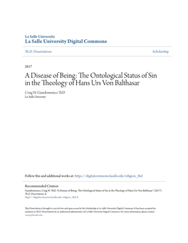 The Ontological Status of Sin in the Theology of Hans Urs Von Balthasar Craig W