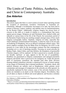 The Limits of Taste: Politics, Aesthetics, and Christ in Contemporary Australia Zoe Alderton