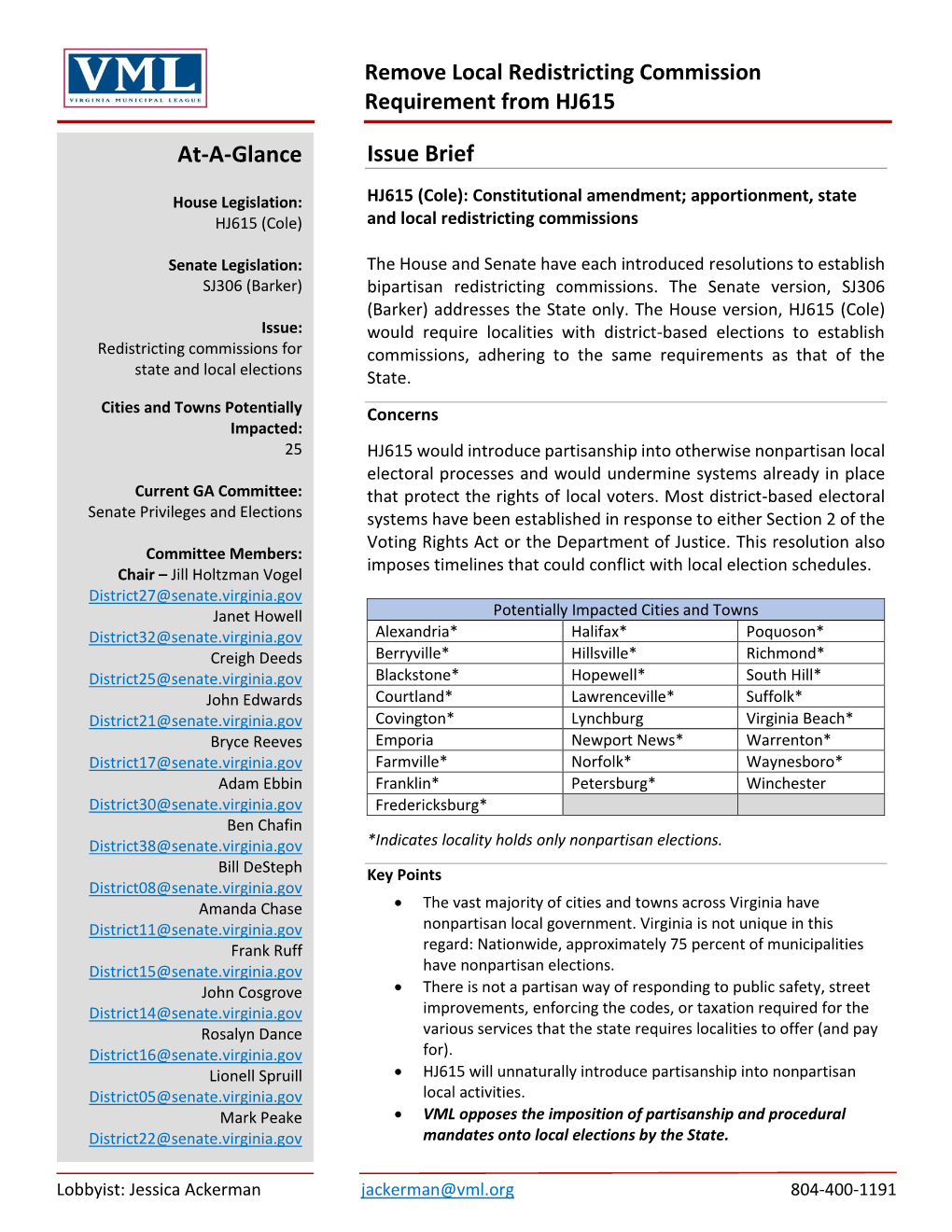 Remove Local Redistricting Commission Requirement from HJ615 At-A-Glance Issue Brief