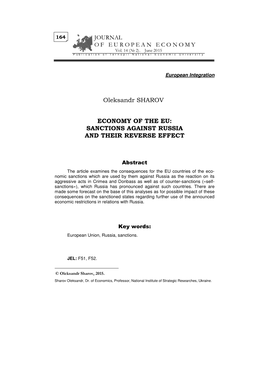 Oleksandr Sharov Economy of the EU: Sanctions Against Russia and Their Reverse Effect Flict in the Donbas