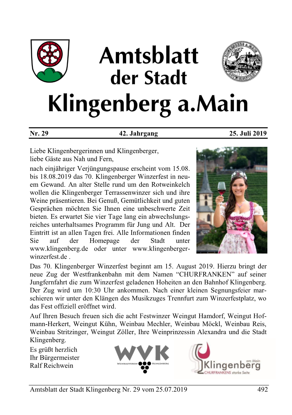 Amtsblatt Der Stadt Klingenberg Nr. 29 Vom 25.07.2019 492 Nr. 29 42
