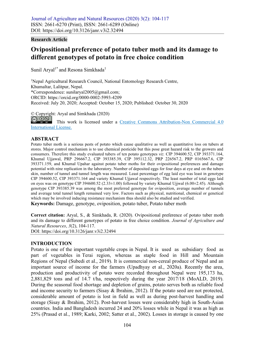 Ovipositional Preference of Potato Tuber Moth and Its Damage to Different Genotypes of Potato in Free Choice Condition