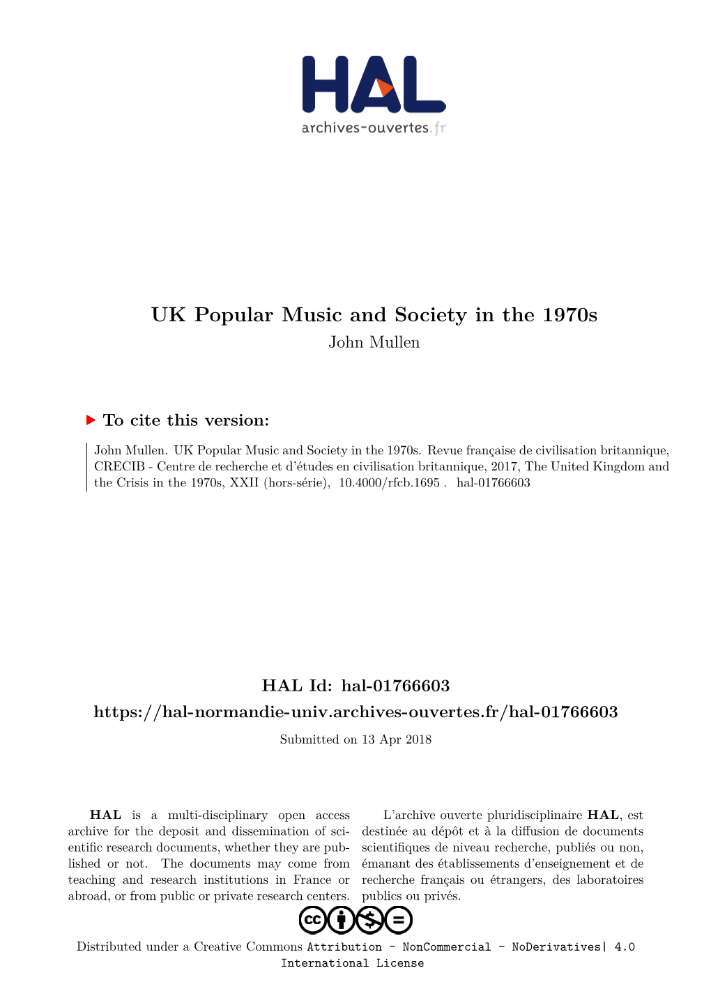 UK Popular Music and Society in the 1970S John Mullen