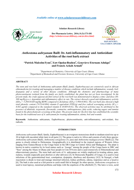 Anthostema Aubryanum Baill: Its Anti-Inflammatory and Antioxidant Activities of the Root Bark Extract
