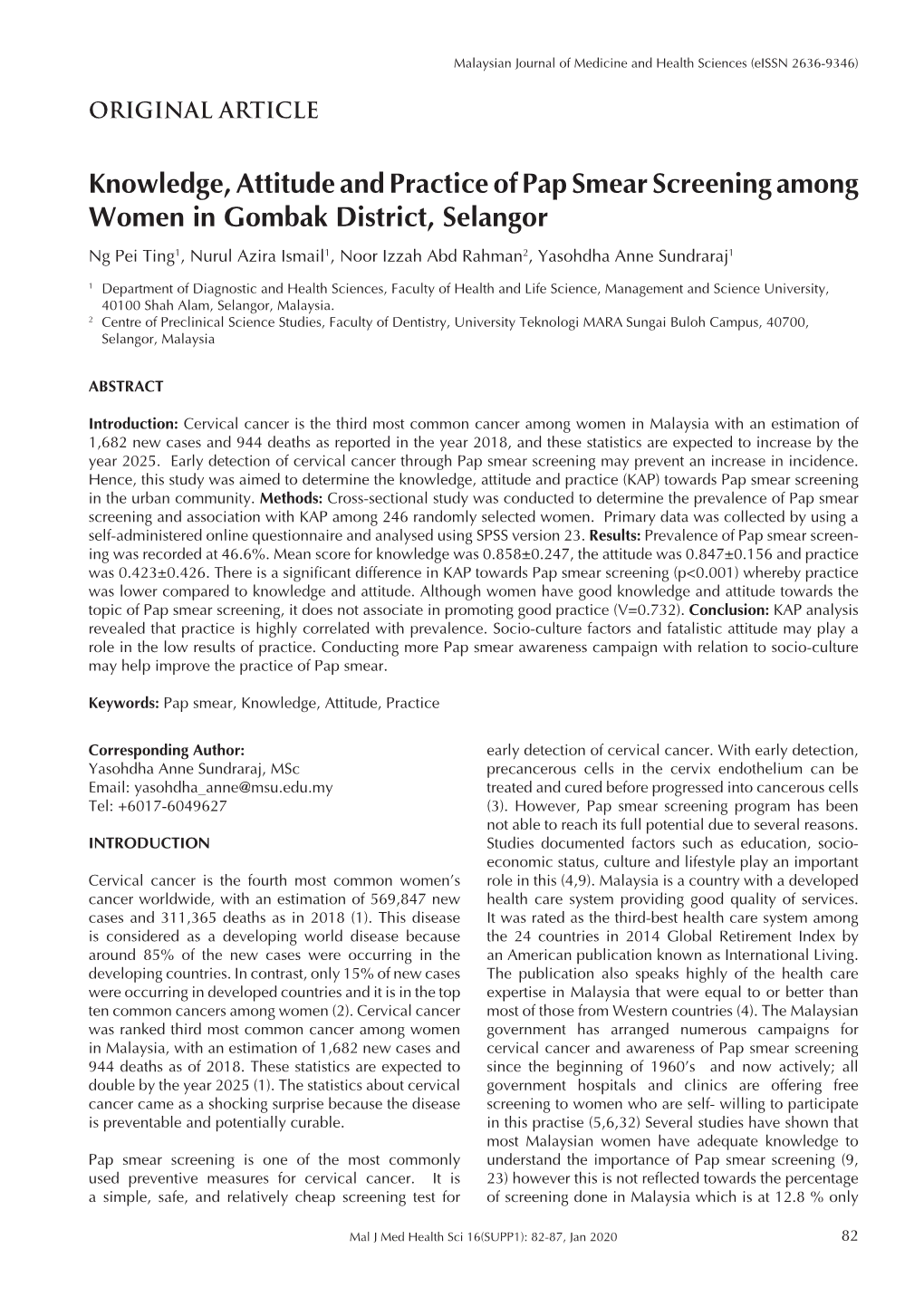 Knowledge, Attitude and Practice of Pap Smear Screening Among