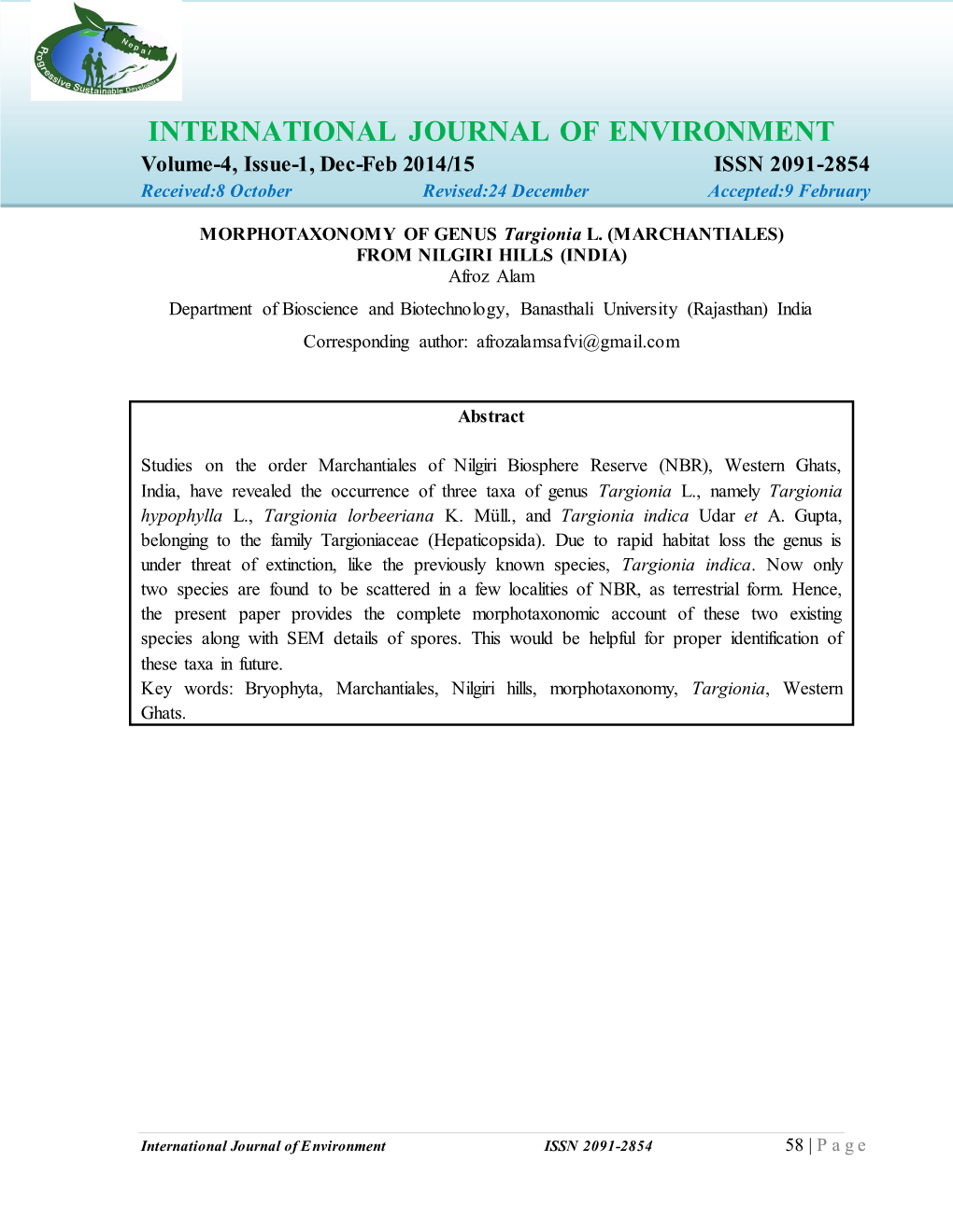INTERNATIONAL JOURNAL of ENVIRONMENT Volume-4, Issue-1, Dec-Feb 2014/15 ISSN 2091-2854 Received:8 October Revised:24 December Accepted:9 February