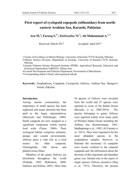 First Report of Cyclopoid Copepods (Oithonidae) from North- Eastern Arabian Sea, Karachi, Pakistan