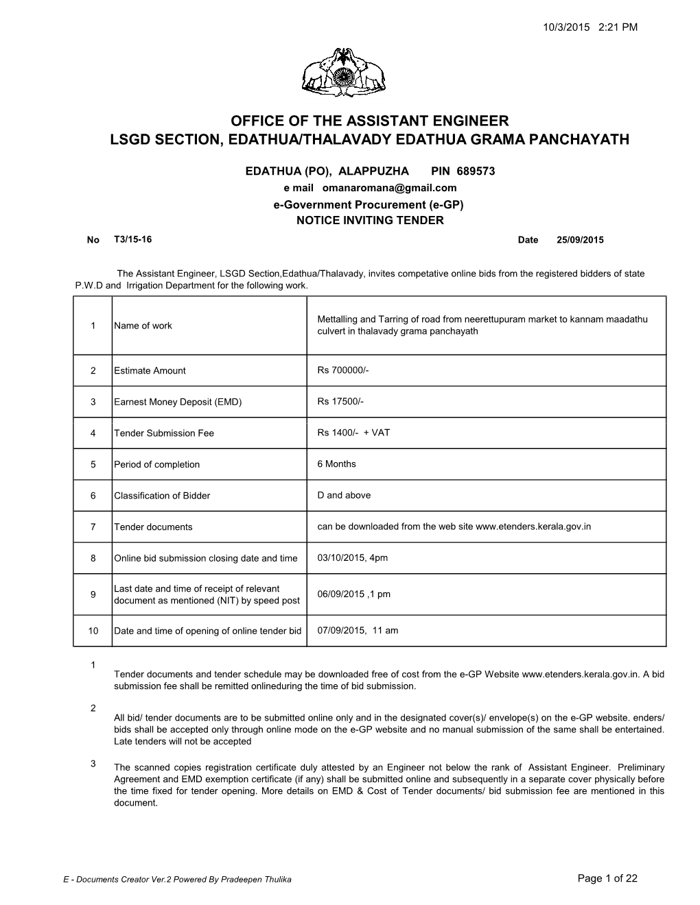E of the Assistant Engineer Lsgd Section, Edathua/Thalavady Edathua Grama Panchayath