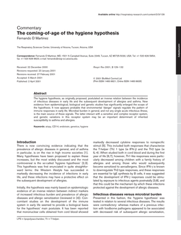 Hygiene Hypothesis’ Was Tested in Relation to Several Infectious Diseases