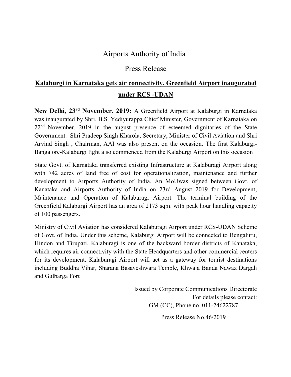 Airports Authority of India Press Release