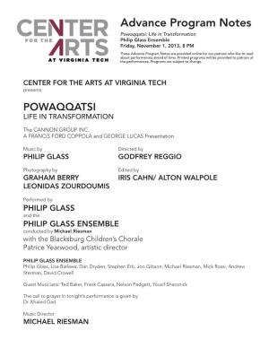 Advance Program Notes Powaqqatsi: Life in Transformation Philip Glass Ensemble Friday, November 1, 2013, 8 PM