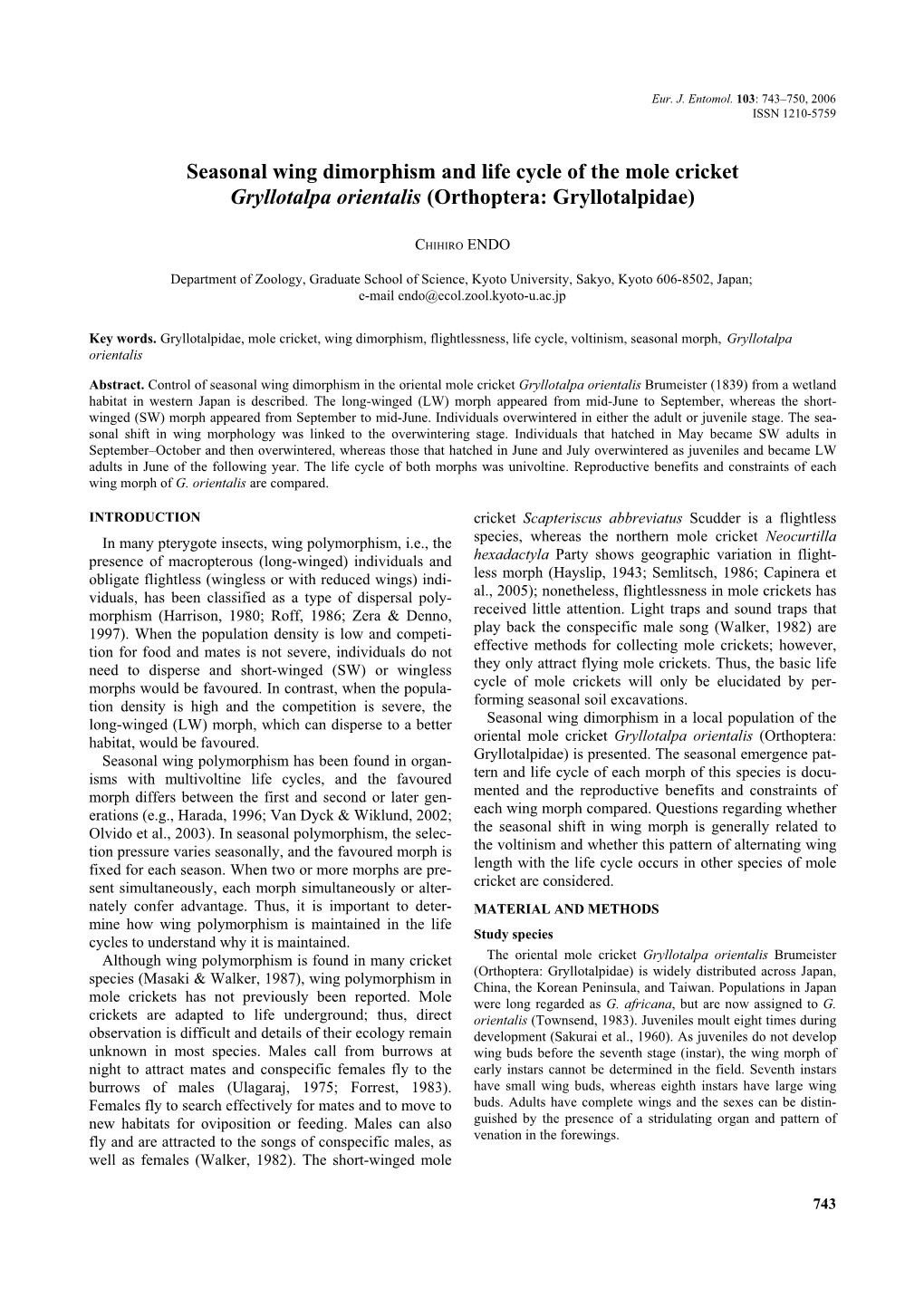 Seasonal Wing Dimorphism and Life Cycle of the Mole Cricket Gryllotalpa Orientalis (Orthoptera: Gryllotalpidae)