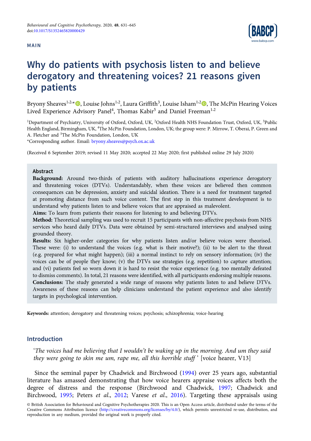 Why Do Patients with Psychosis Listen to and Believe Derogatory and Threatening Voices? 21 Reasons Given by Patients