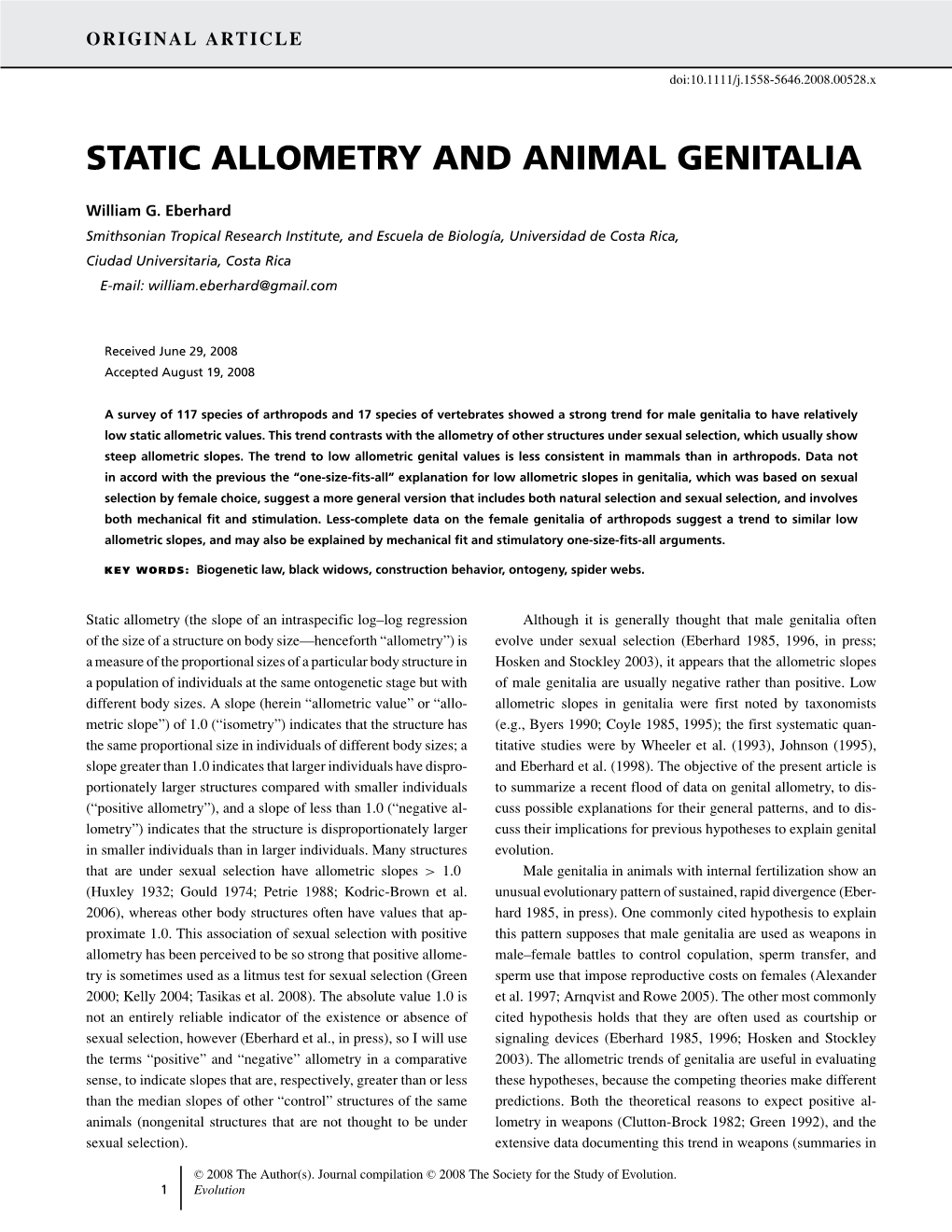 Static Allometry and Animal Genitalia