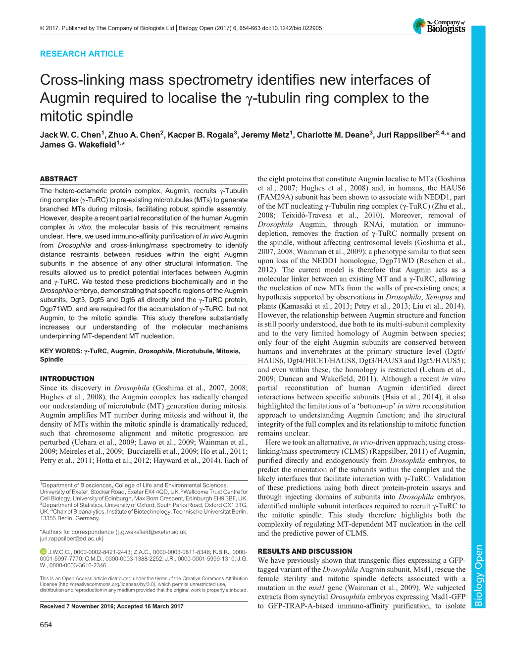 Cross-Linking Mass Spectrometry Identifies New Interfaces of Augmin Required to Localise the Γ-Tubulin Ring Complex to the Mitotic Spindle Jack W