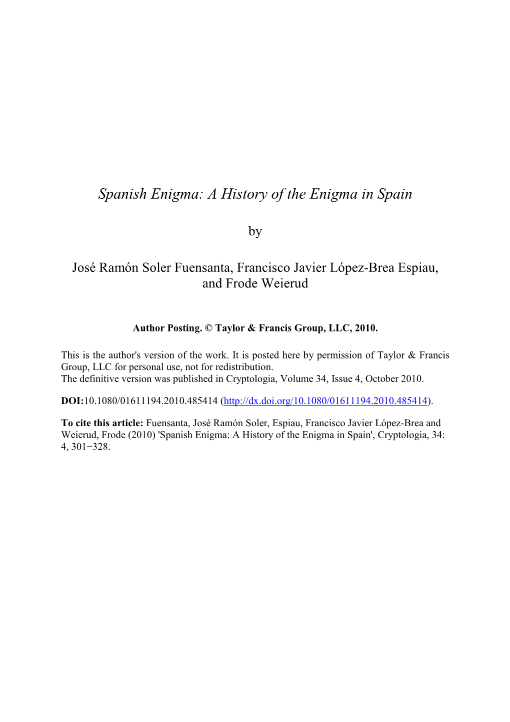 Spanish Enigma: a History of the Enigma in Spain