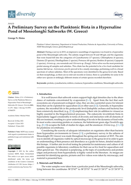 A Preliminary Survey on the Planktonic Biota in a Hypersaline Pond of Messolonghi Saltworks (W