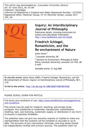 Friedrich Schlegel, Romanticism, and the Re‐Enchantment of Nature