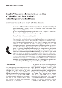 Brandt's Vole Density Affects Nutritional Condition of Upland Buzzard Buteo