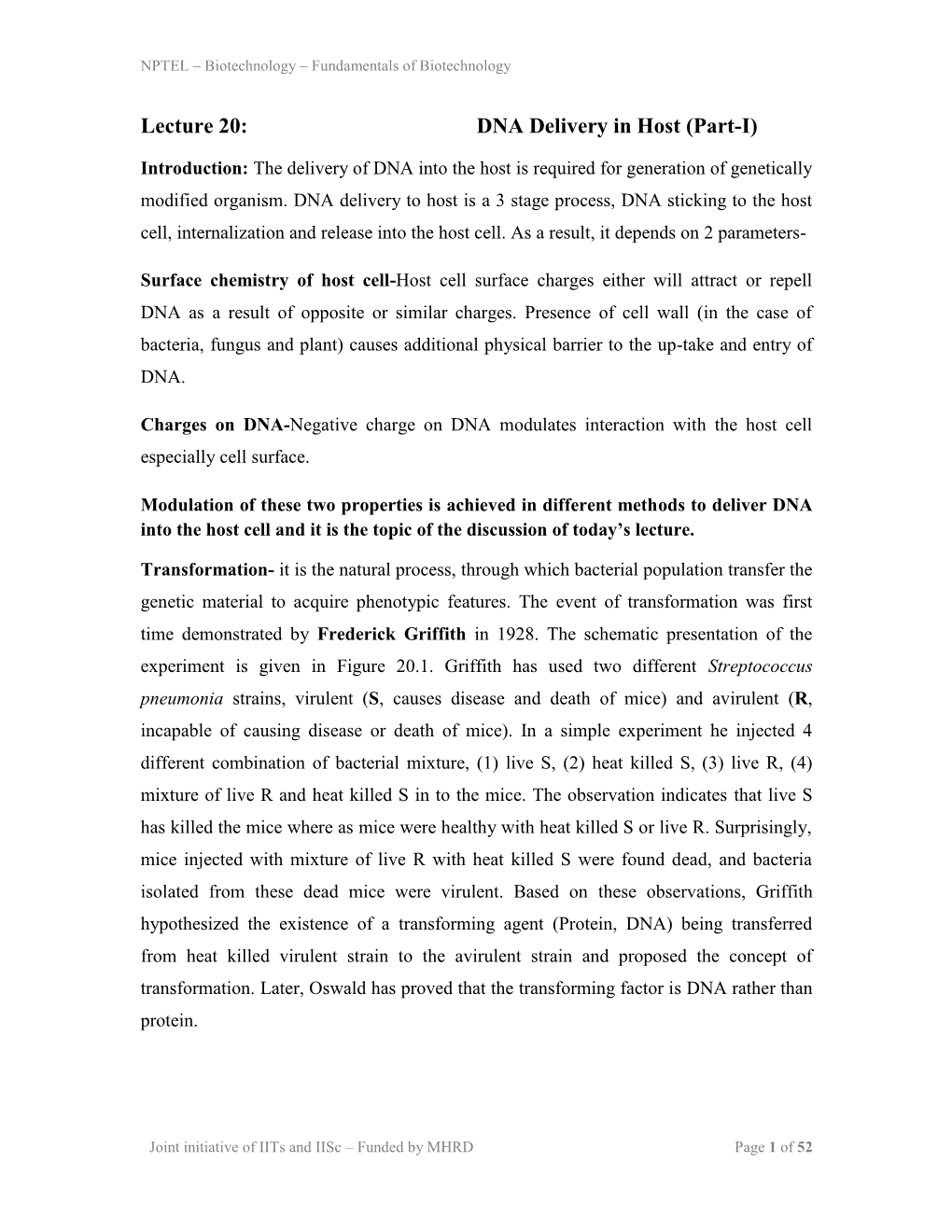 Lecture 20: DNA Delivery in Host (Part-I)