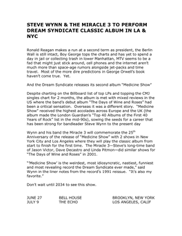 Steve Wynn & the Miracle 3 to Perform Dream Syndicate