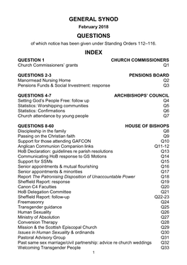 GENERAL SYNOD February 2018 QUESTIONS of Which Notice Has Been Given Under Standing Orders 112–116