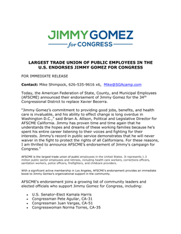 Largest Trade Union of Public Employees in the U.S. Endorses Jimmy Gomez for Congress